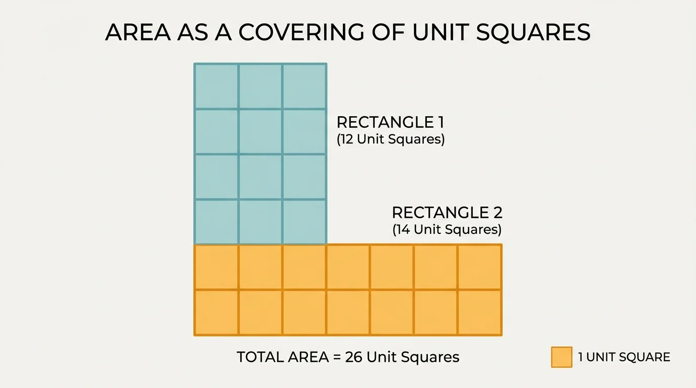 L-shaped figure divided into two rectangles shaded in two colors, each made of unit squares