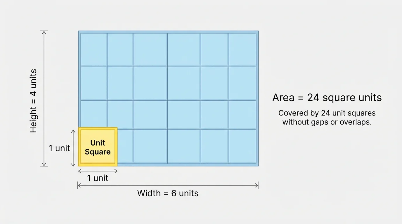 rectangle filled with equal square tiles, one tile highlighted as a unit square, showing exact coverage with no gaps or overlaps