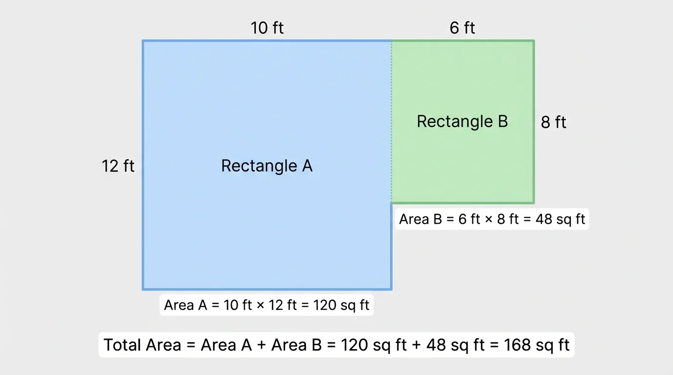 top-view floor plan of an L-shaped room divided into two rectangles with side lengths labeled in feet