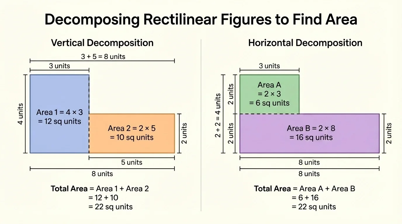 one rectilinear figure shown in two panels, left split vertically into rectangles and right split horizontally into rectangles, with each part shaded differently and side lengths labeled in units