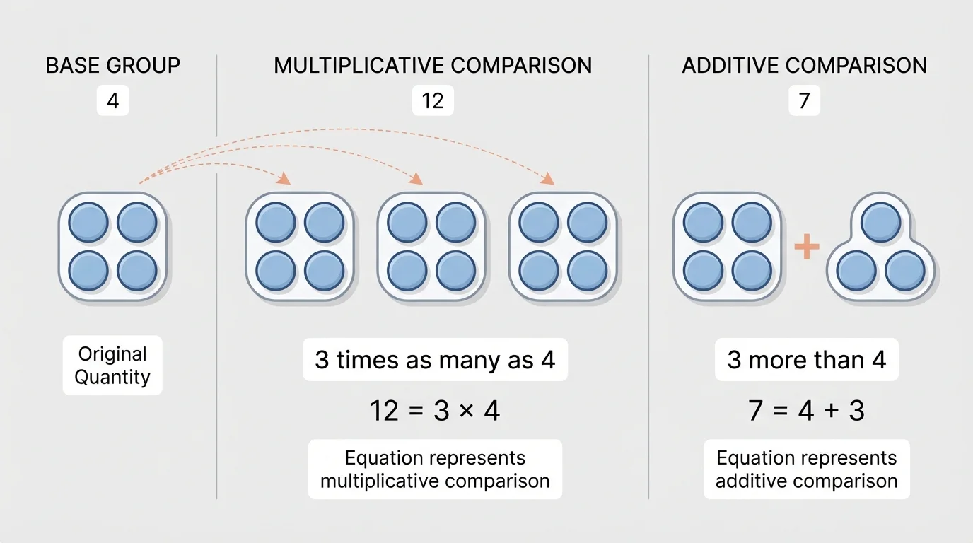 Side-by-side counters showing 4, 12 as 3 times as many, and 7 as 3 more than 4