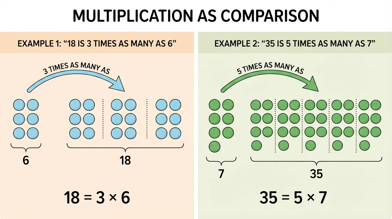 Comparison chart matching statements like '18 is 3 times as many as 6' to multiplication equations with counters