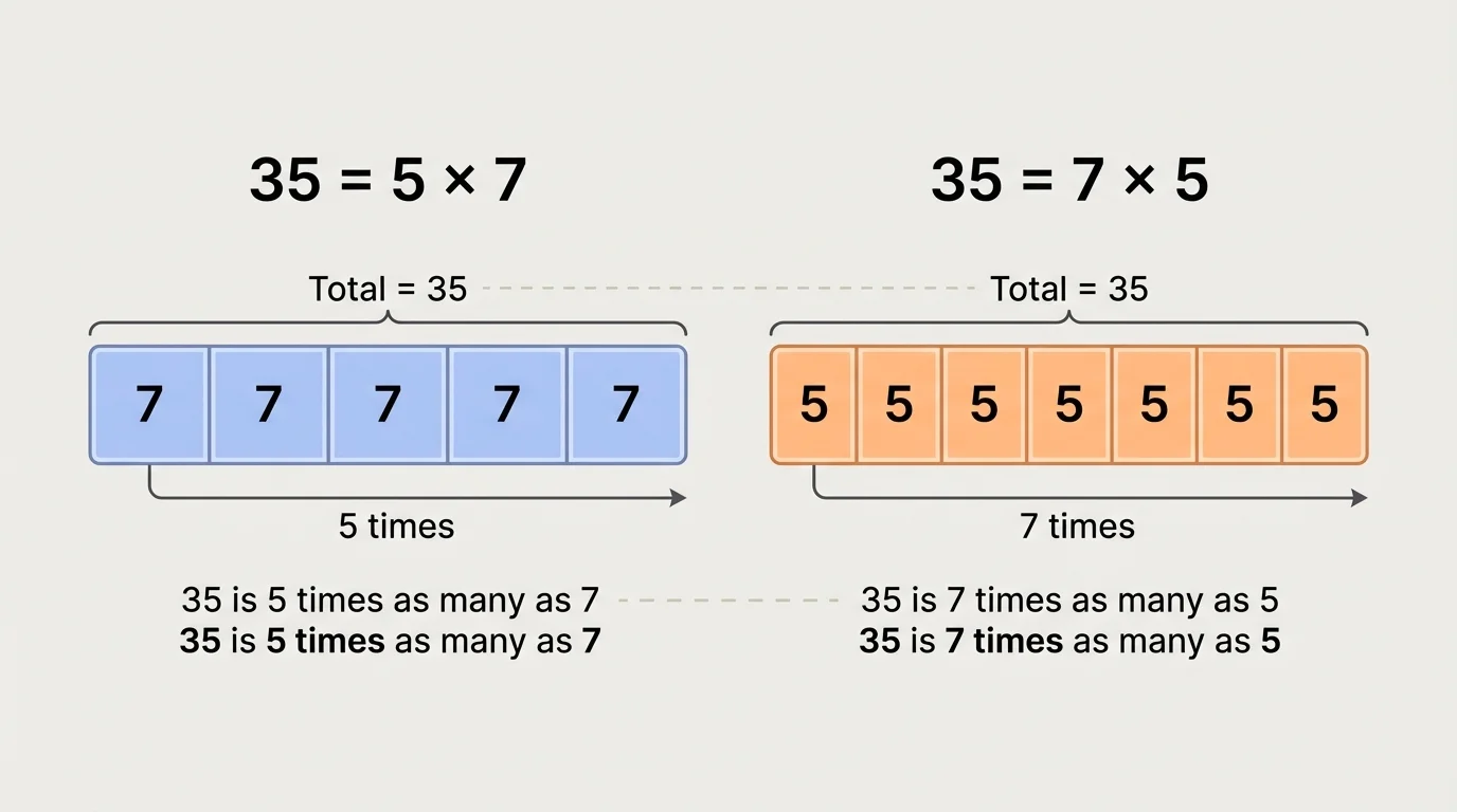 Bar model of 35 split into 5 equal parts of 7 and an alternate view split into 7 equal parts of 5