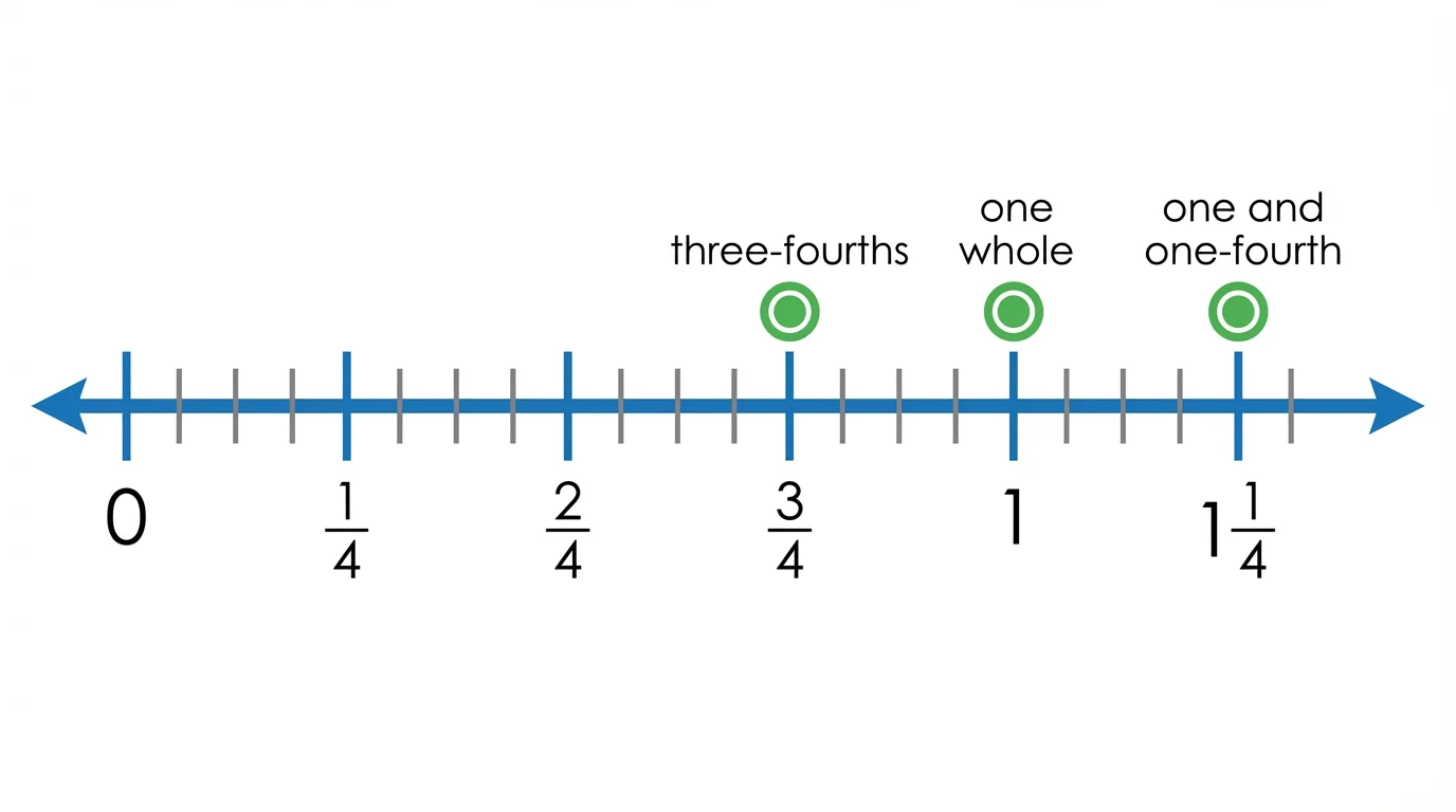 Number line marked in fourths from 0 to one and one-fourth, with points at three-fourths, one whole, and one and one-fourth