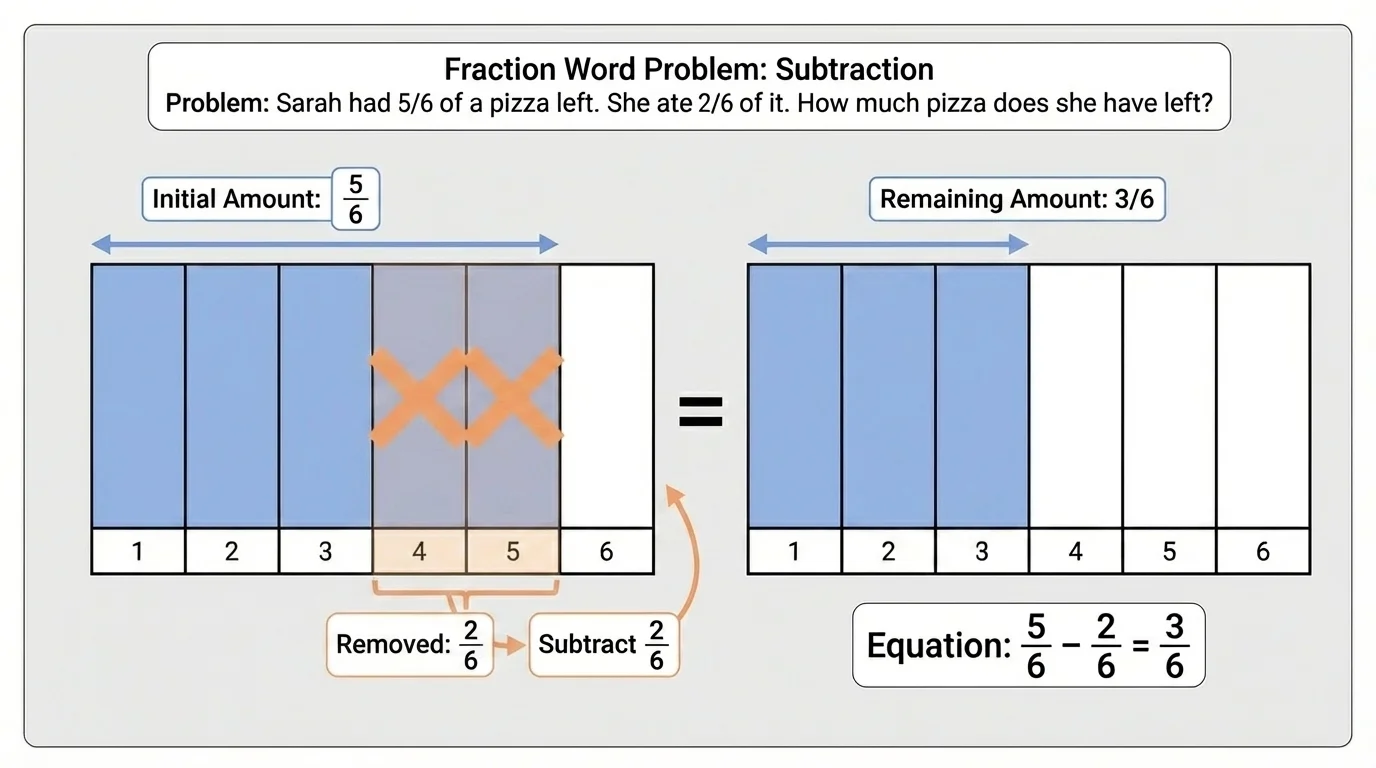 One rectangle divided into sixths, five sixths shaded, then two shaded sixths crossed out to leave three sixths shaded