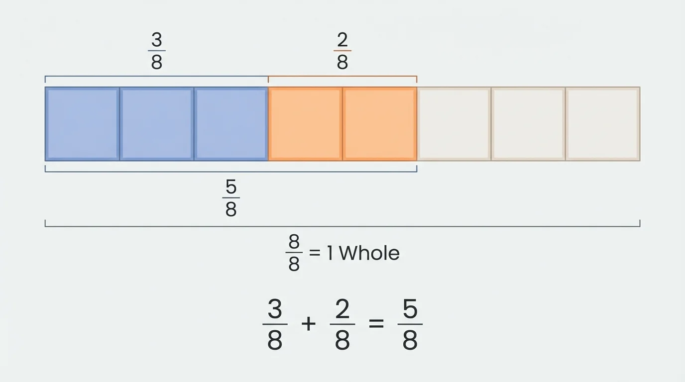 Fraction bars divided into eighths, with three eighths shaded in one color and two eighths shaded in another, combined to show five eighths of one whole