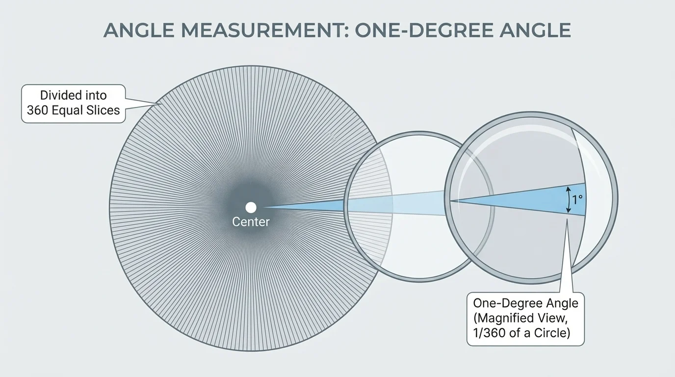 Circle divided into 360 equal slices, one slice highlighted to represent one degree