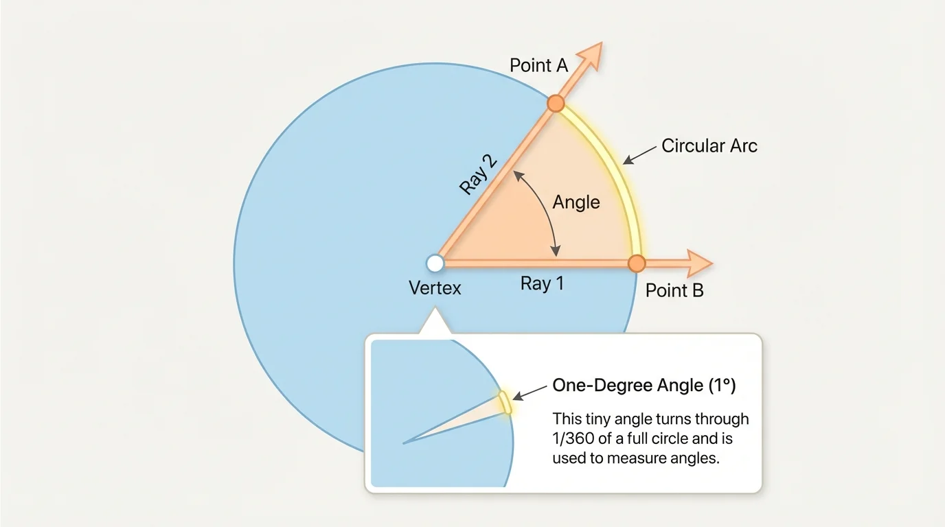 Angle with a circle centered at the vertex, rays crossing the circle at two points, and the arc between those points highlighted