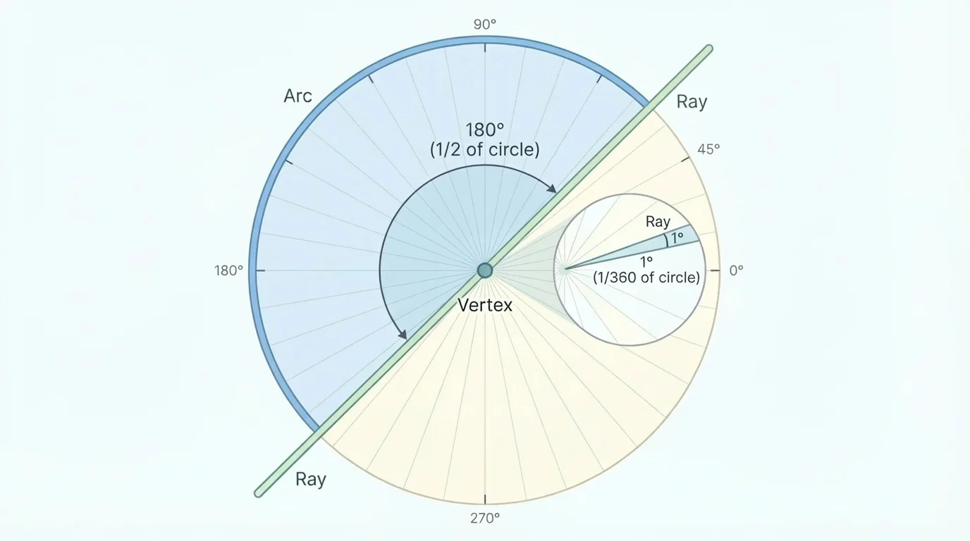 Two rays starting at one point, forming several different openings, with endpoint labeled and one angle shaded