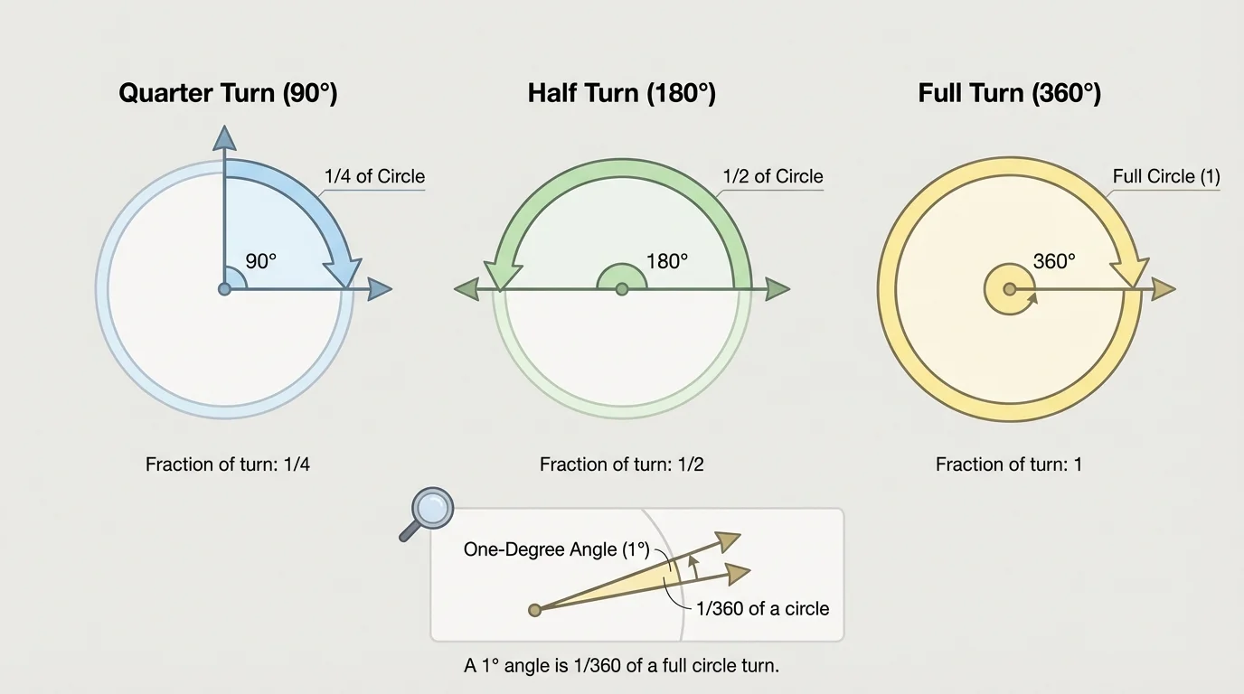 Three circular turn diagrams showing quarter turn, half turn, and full turn with arrows
