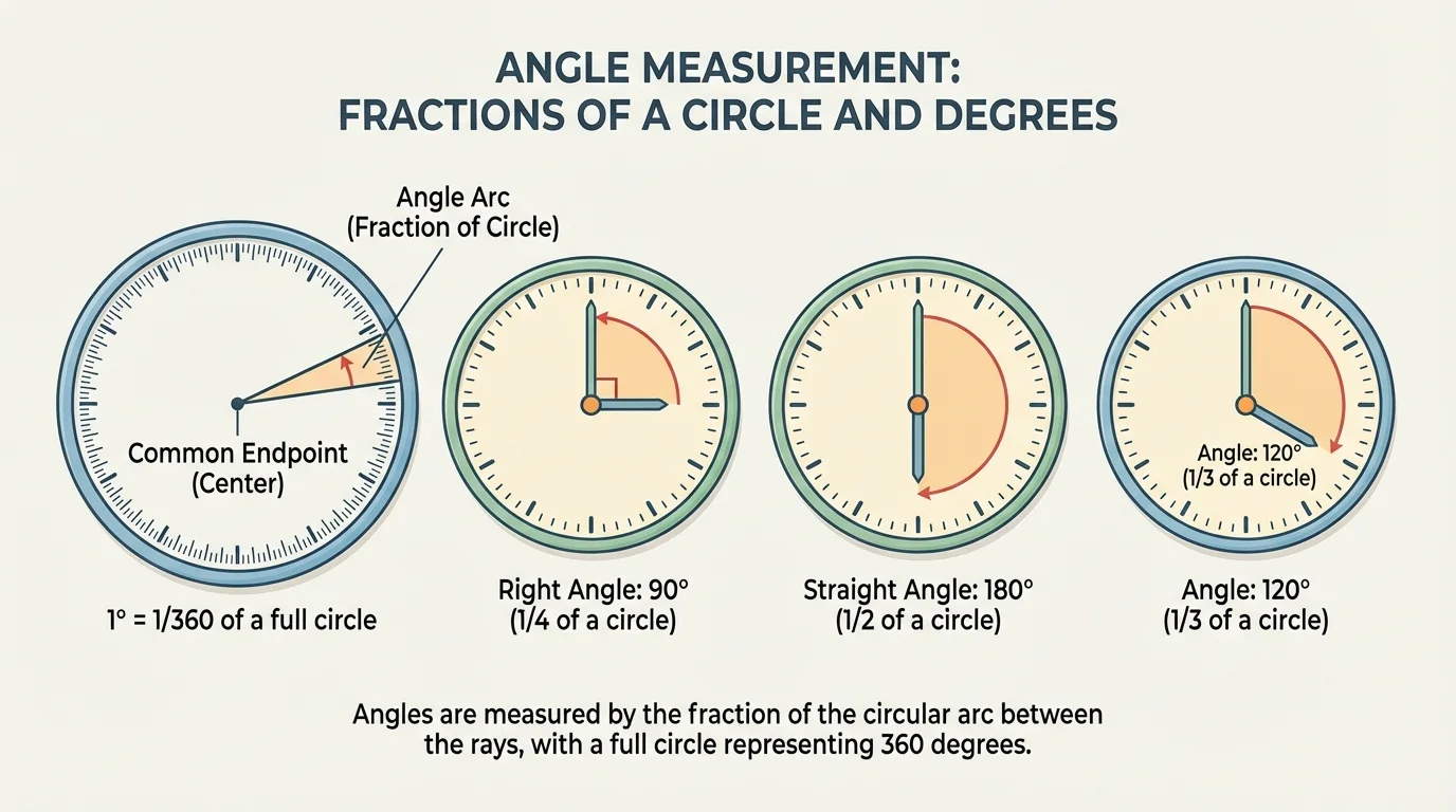 Several clock faces showing angles made by the hour and minute hands, including right angle and straight angle examples
