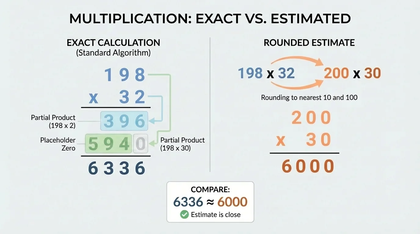 Chart comparing exact multiplication problems with rounded estimates such as 198 times 32 to 200 times 30