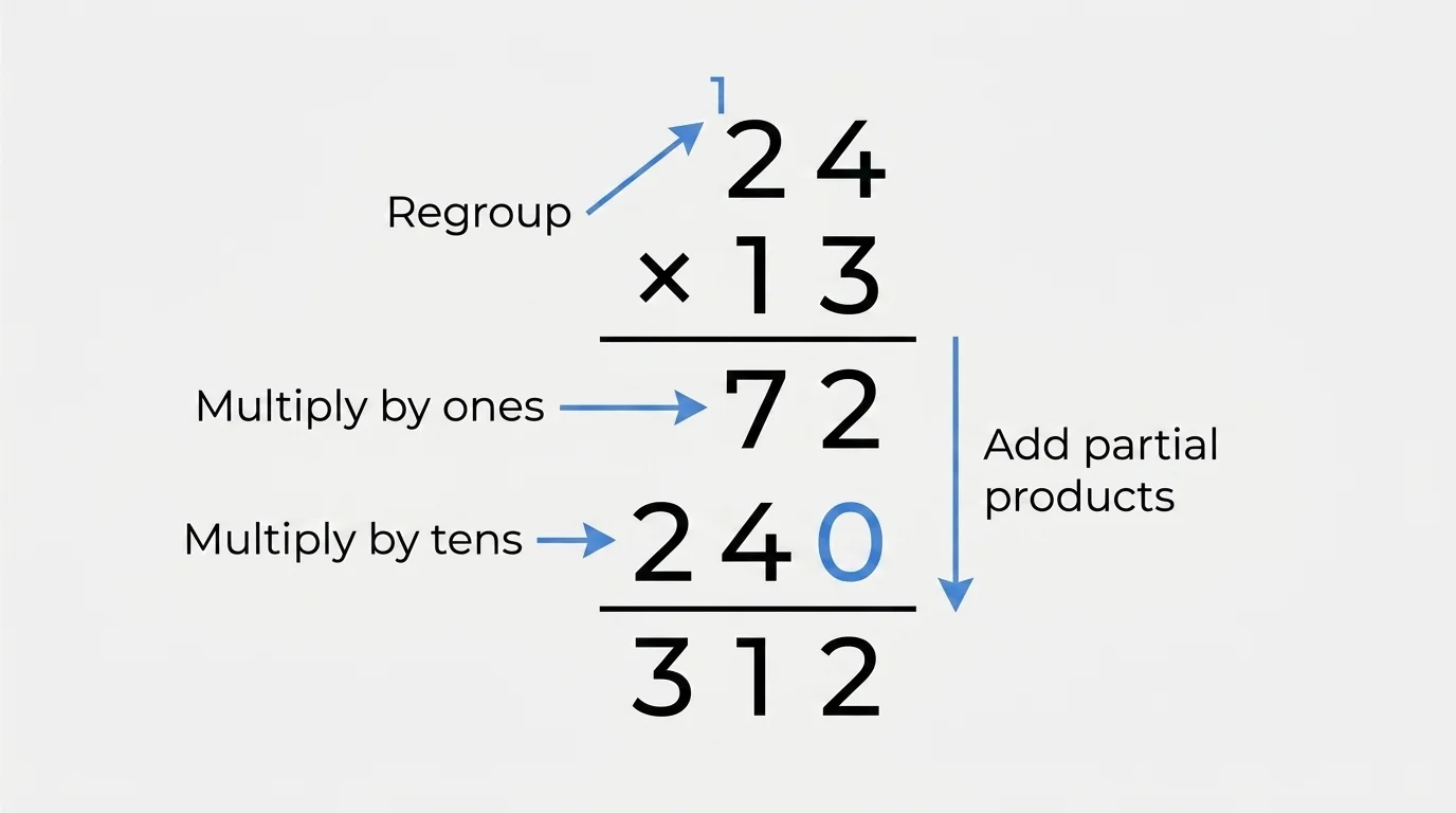 Diagram of a vertical multiplication problem with arrows showing multiply, regroup, start next row, and add partial products