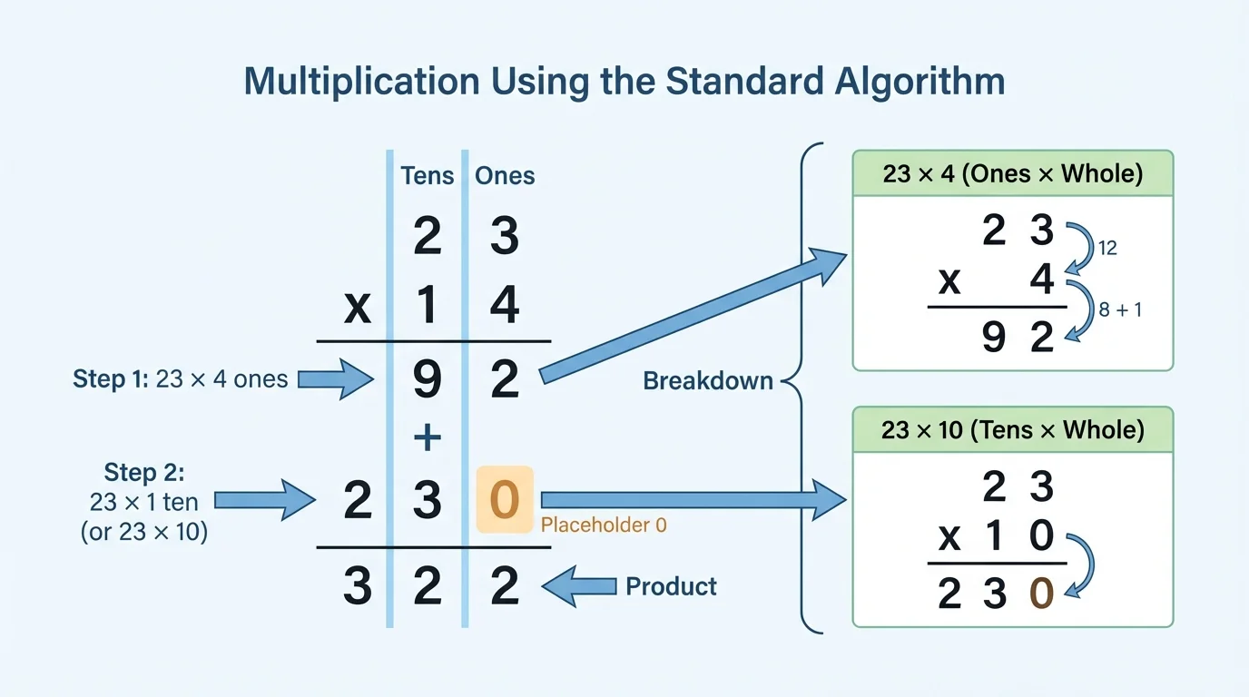 Chart showing 23 times 14 broken into 23 times 4 and 23 times 10 with ones and tens place alignment