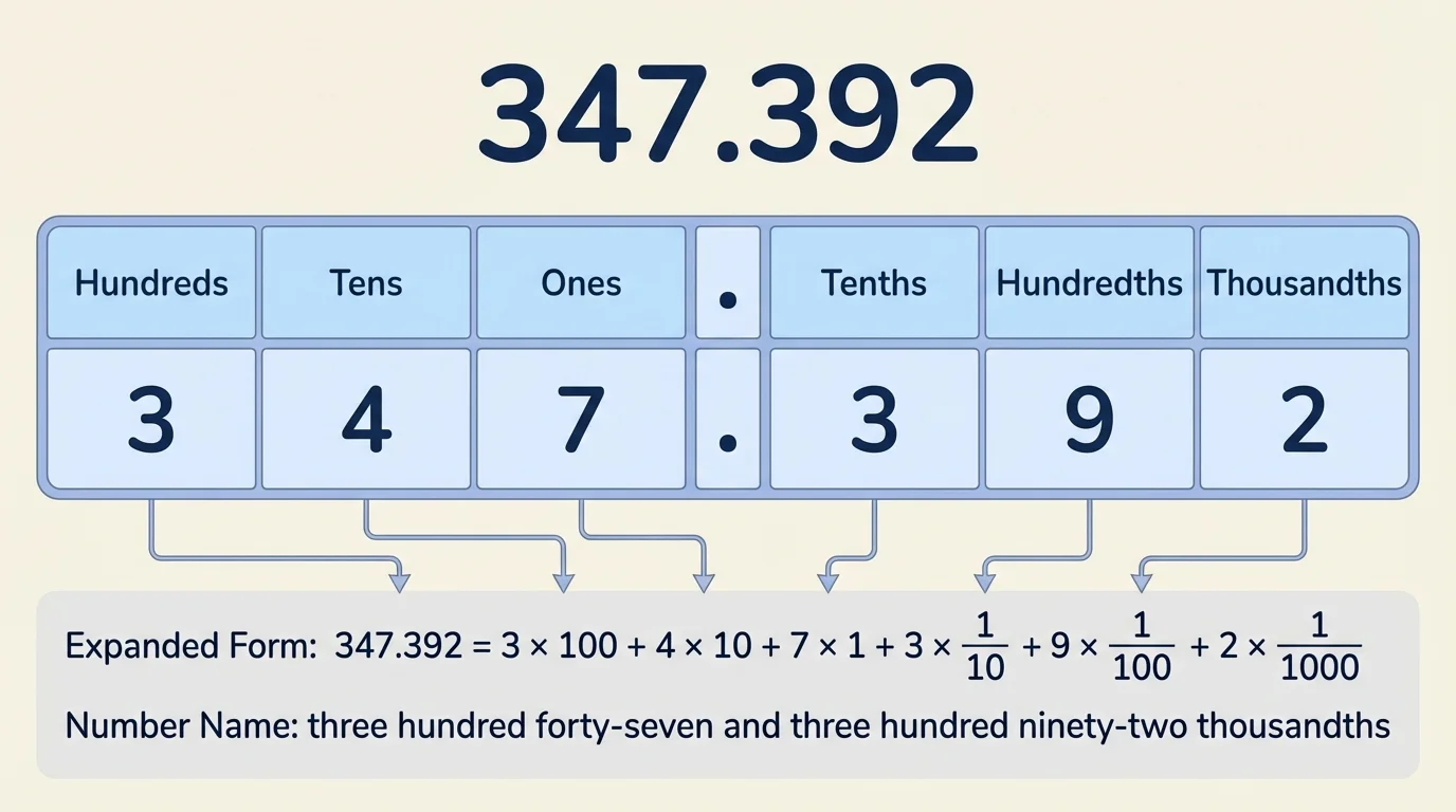Place-value chart with digits of 347.392 placed in hundreds, tens, ones, tenths, hundredths, and thousandths columns
