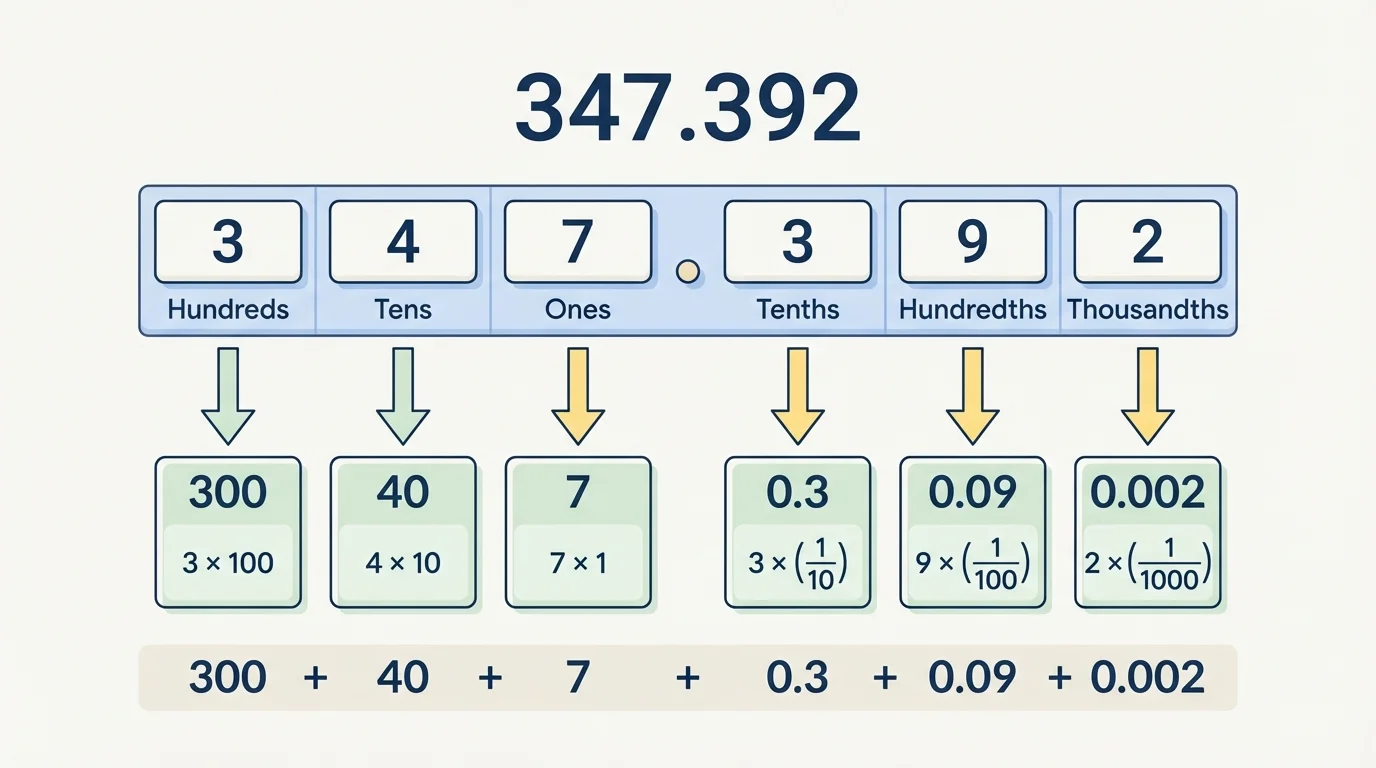 Decimal 347.392 broken into 300, 40, 7, 0.3, 0.09, and 0.002 with arrows from each digit to its place value