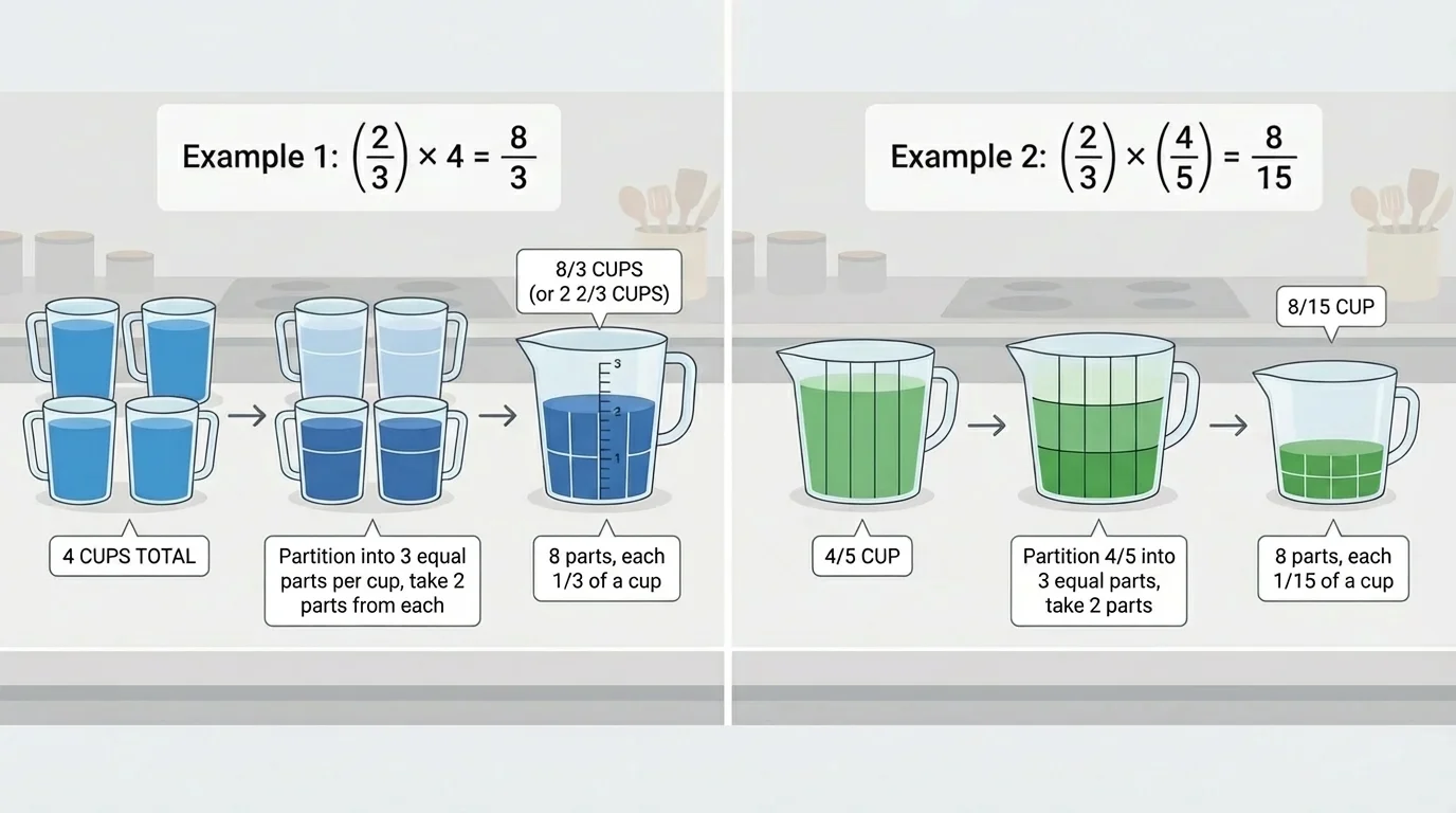 Measuring cups and containers illustrating 2 thirds of 4 cups and 2 thirds of 4 fifths of a cup in a cooking context