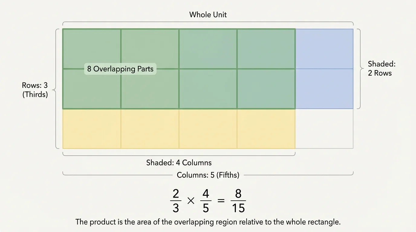 Rectangle partitioned into 3 rows and 5 columns, one shading for 2 thirds, another shading for 4 fifths, overlap showing 8 of 15 small rectangles