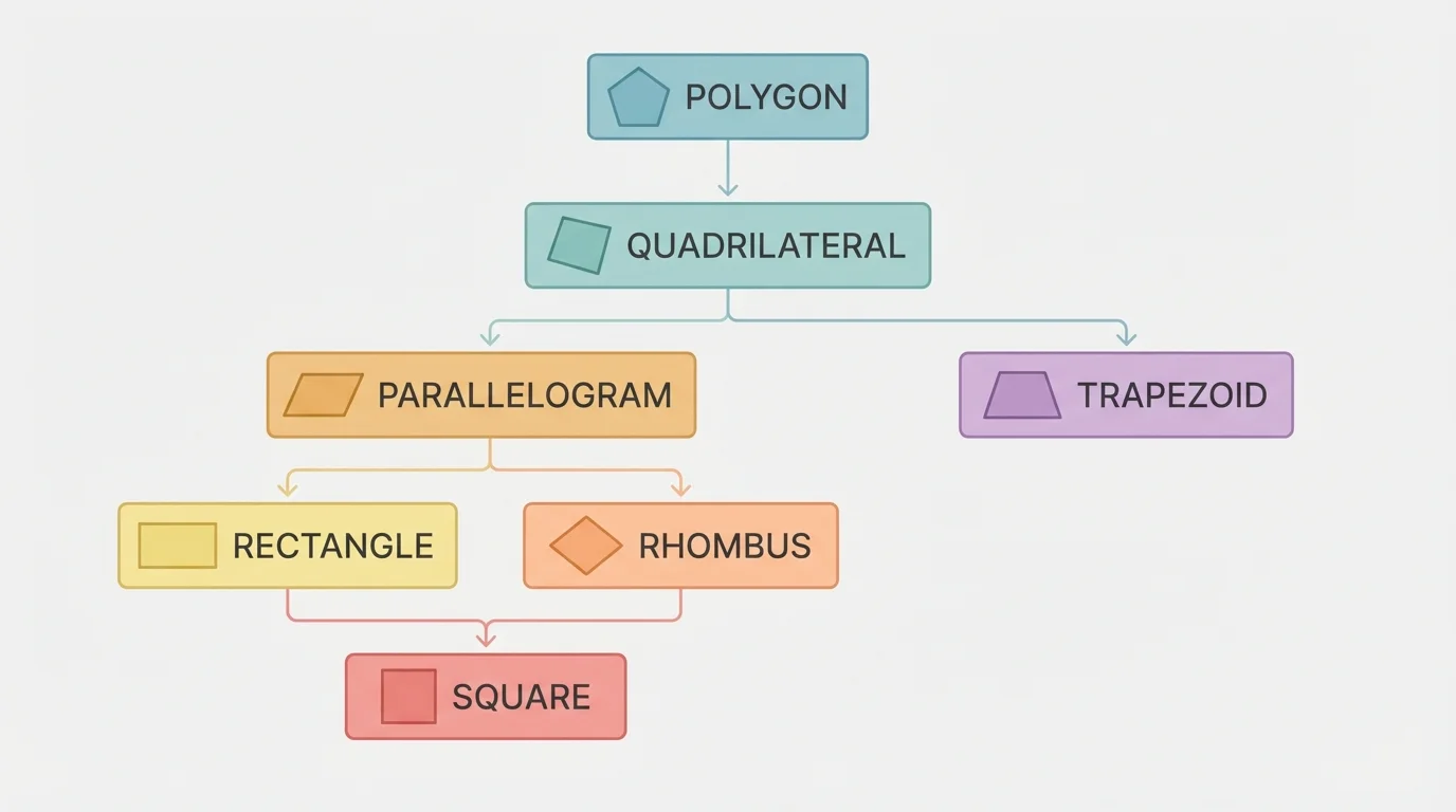 hierarchy chart showing polygon at top, quadrilateral below, then parallelogram, rectangle, rhombus, square, and trapezoid branches