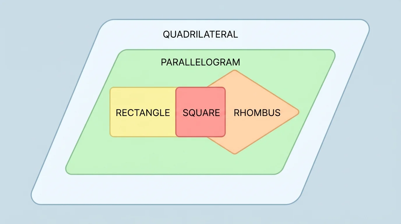 nested classification diagram showing square inside both rectangle and rhombus within parallelogram and quadrilateral