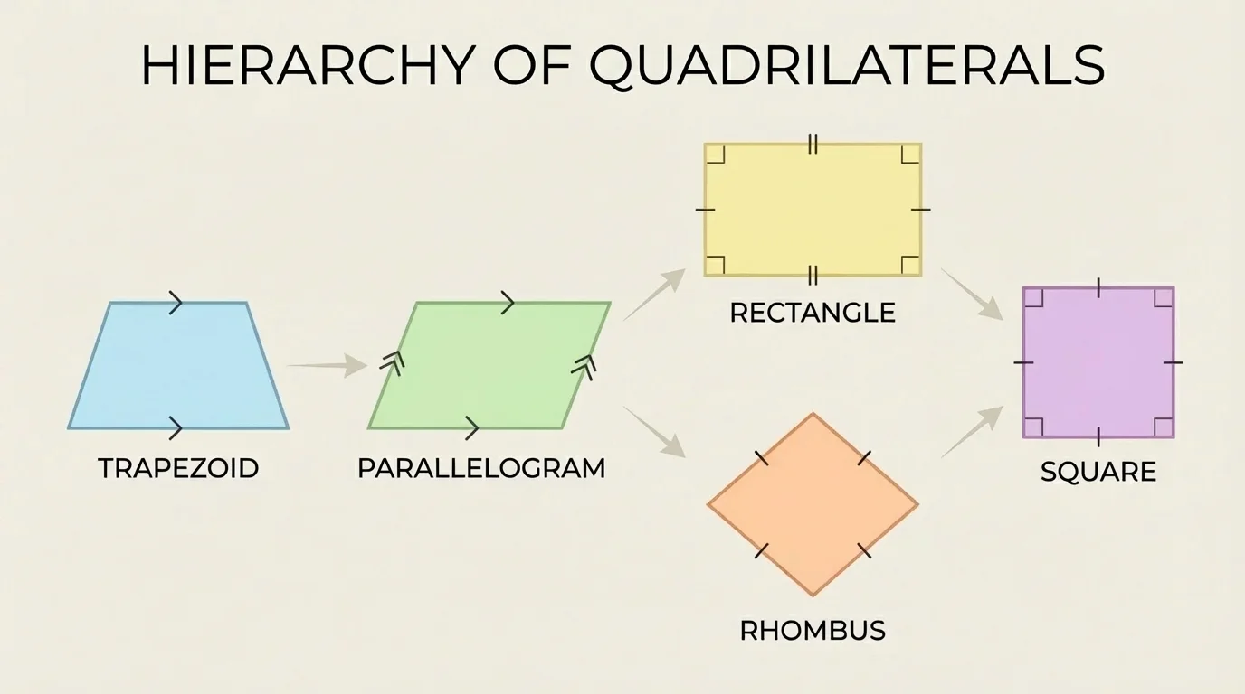 set of five labeled quadrilaterals showing parallel sides, right angles, and equal sides for trapezoid, parallelogram, rectangle, rhombus, and square