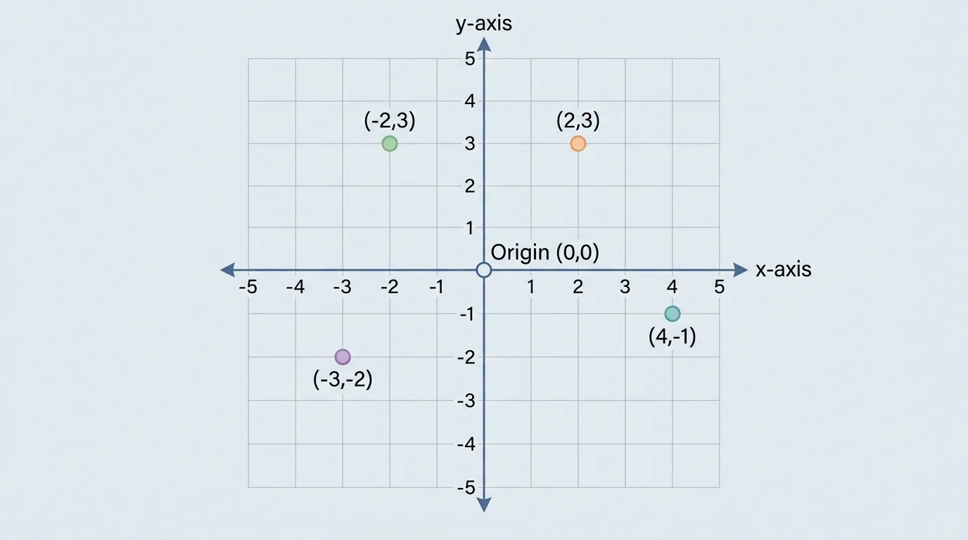 coordinate plane with origin and points (2,3), (-2,3), (-3,-2), and (4,-1) plotted