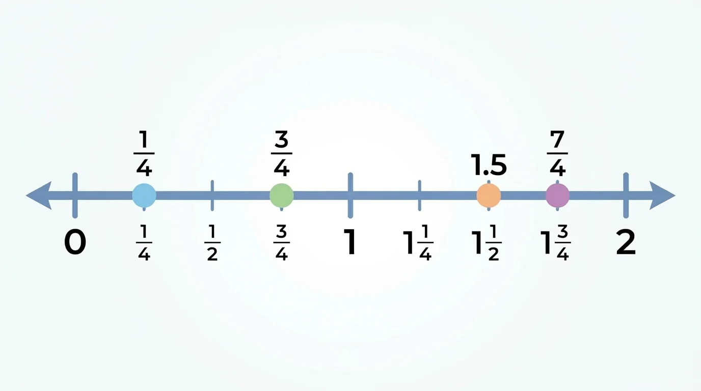 number line from 0 to 2 with each unit split into fourths and points at 1/4, 3/4, 1.5, and 7/4 marked