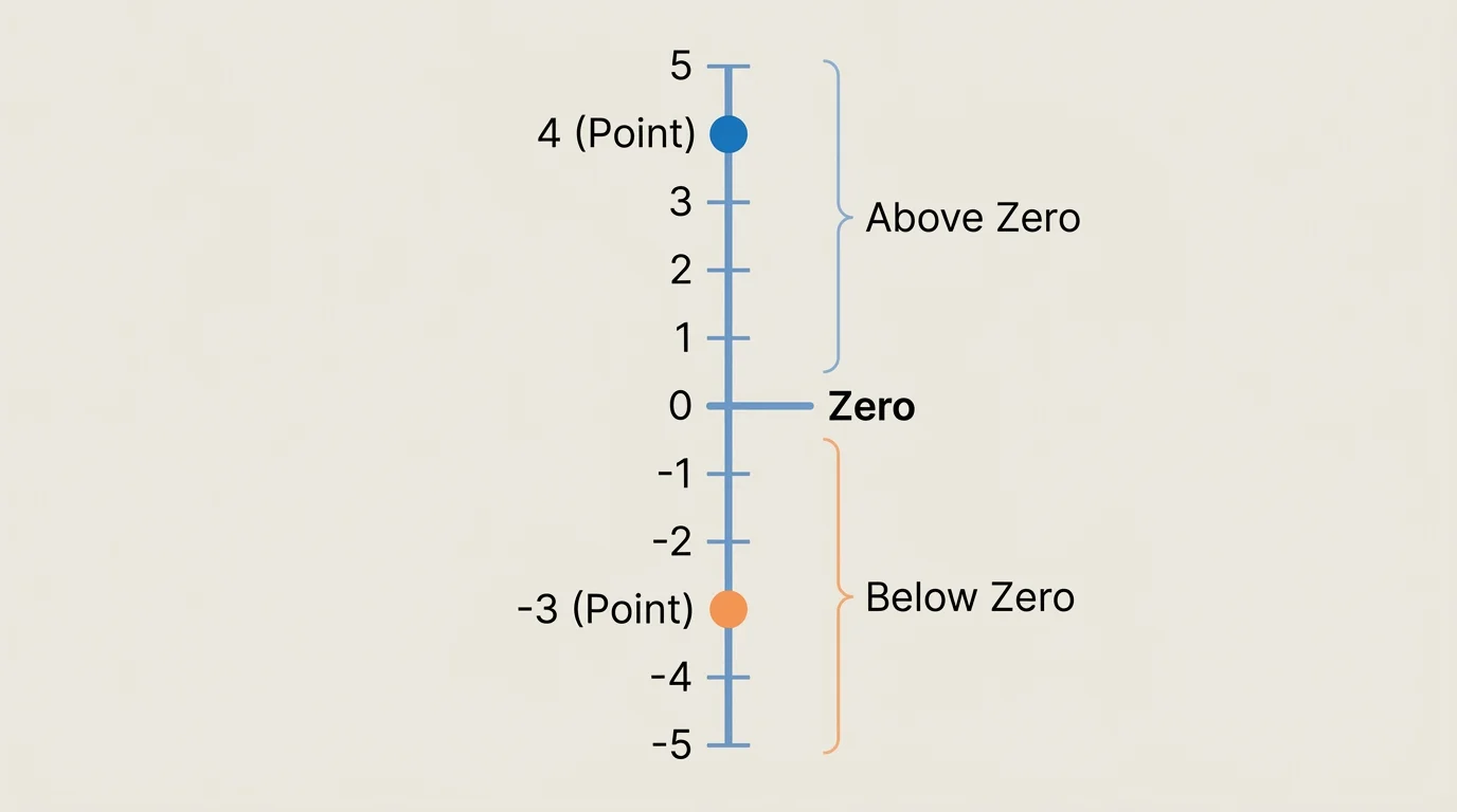 vertical number line from -5 to 5 with labels for below zero, zero, and above zero, with points at -3 and 4 marked