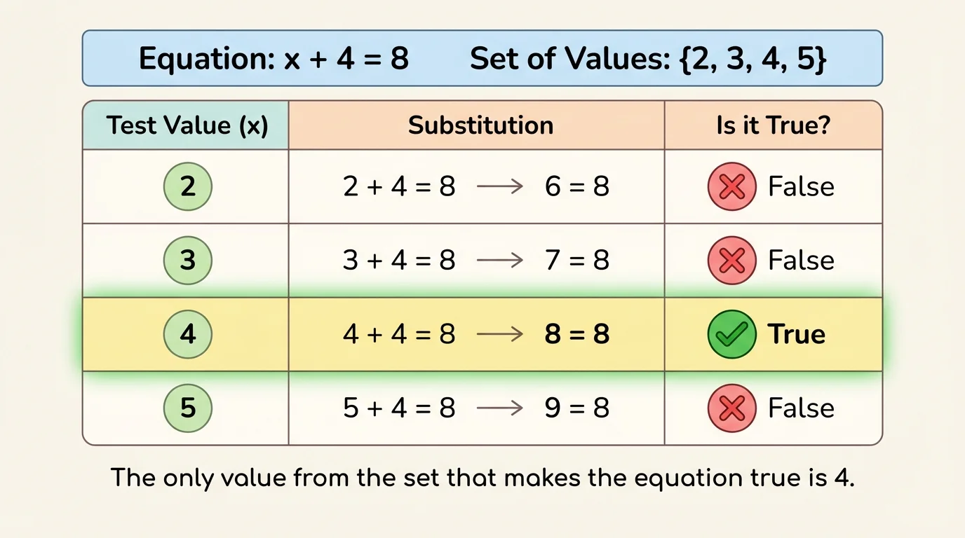 chart showing the set 2, 3, 4, 5 tested in the equation x plus 4 equals 8, with only 4 marked true