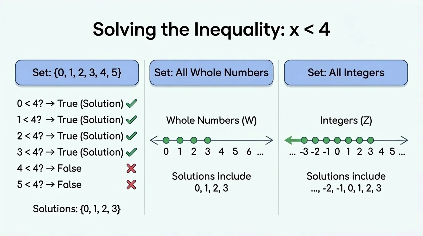 comparison chart showing solutions to x less than 4 for the set 0 through 5, for all whole numbers, and for all integers