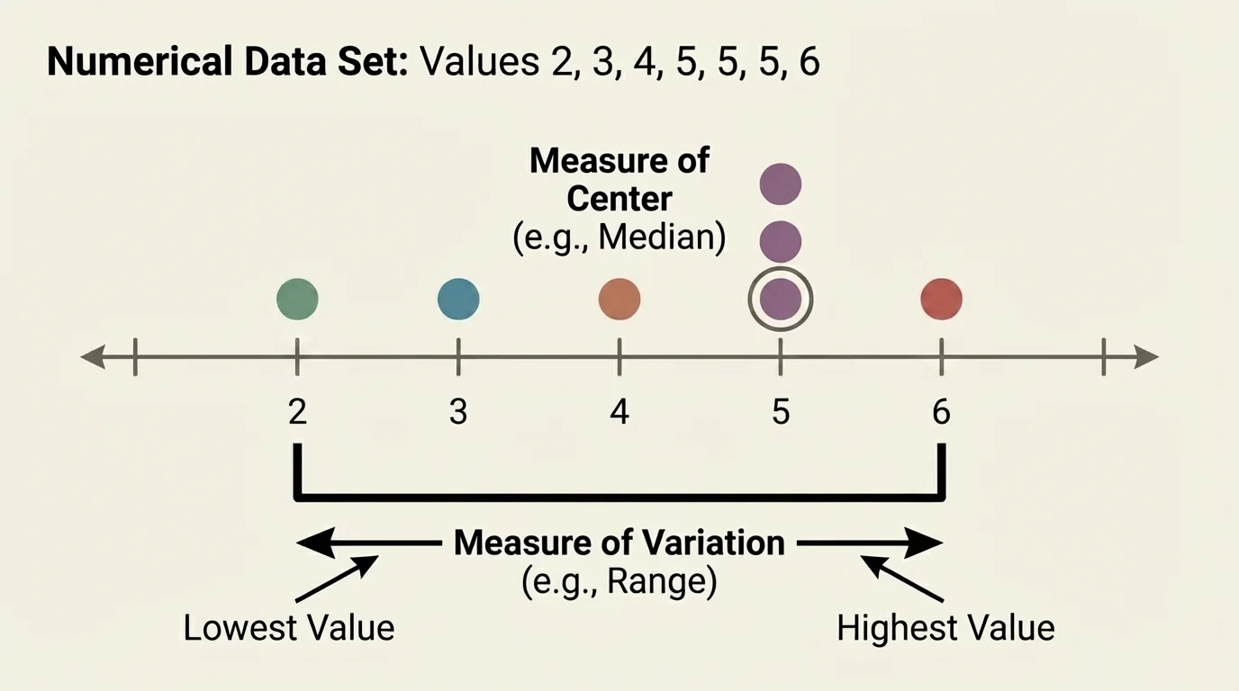 Number line with ordered values 2, 3, 4, 5, 5, 5, 6 marked as dots, the middle value highlighted, and the lowest and highest values emphasized for range