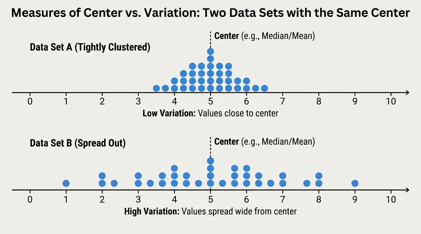 Dot plots of two small data sets centered at the same value, one tightly clustered around the center and one spread out across a wider interval