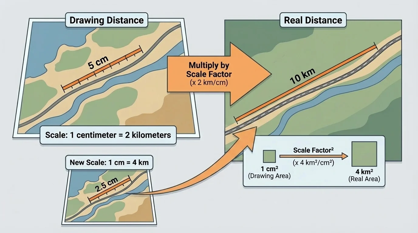 map-style measured line segment on a small map, labeled drawing distance and a simple note that 1 centimeter represents 2 kilometers, with an arrow to the real distance