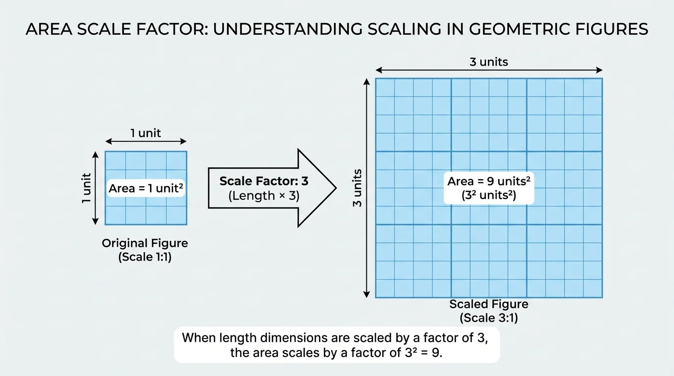 small square grid next to a larger square grid where each side is three times as long, highlighting that the area grows from 1 unit square to 9 unit squares