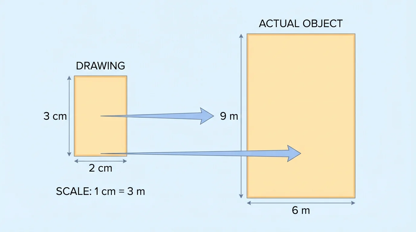 two similar rectangles, one labeled drawing and one labeled actual object, with arrows connecting corresponding sides and short side labels on each rectangle