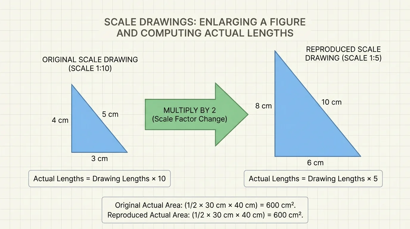 original triangle and enlarged reproduced triangle with arrows showing multiply by 2 from the old drawing to the new drawing, with matching side labels