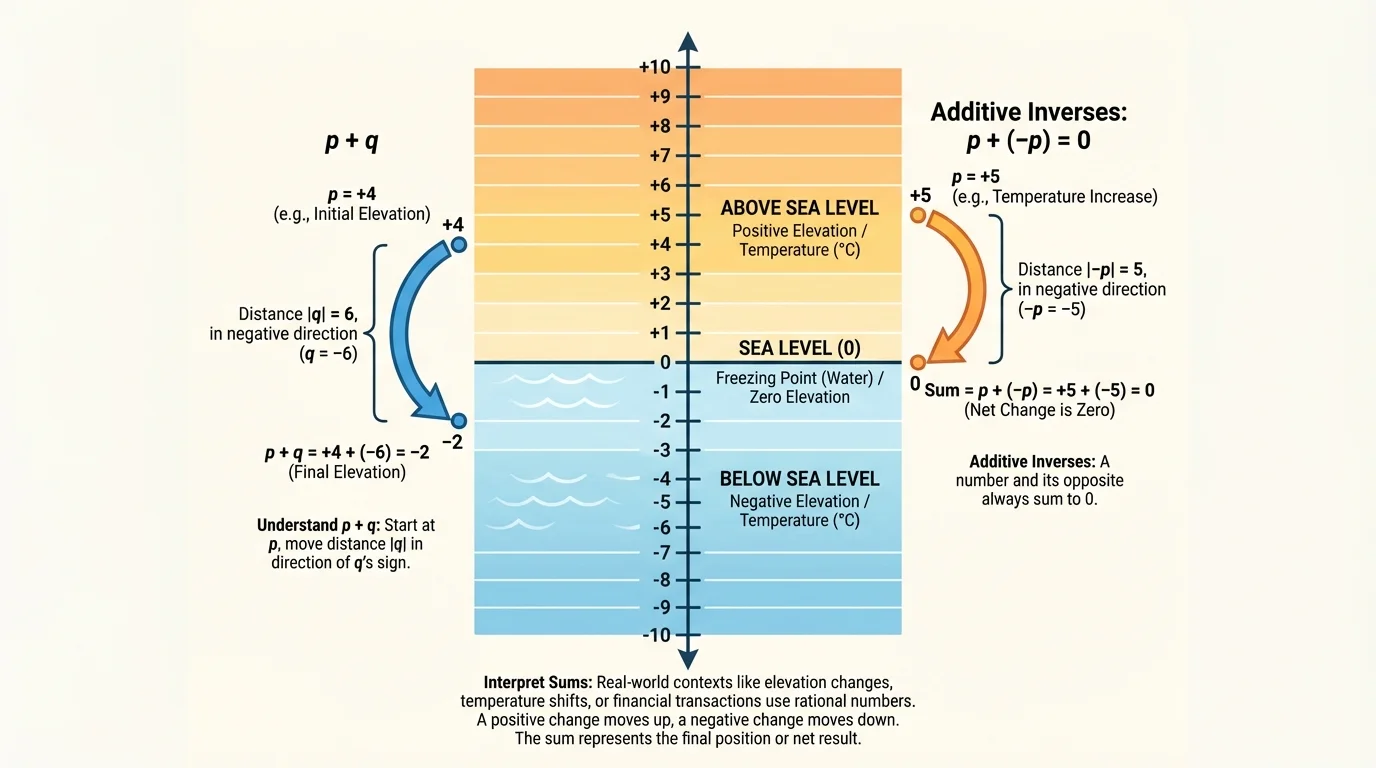 Vertical number line labeled with sea level 0, values above and below, arrows showing an upward change and a downward change for elevation or temperature