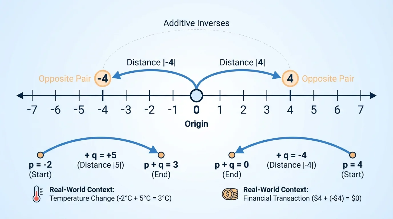 Number line centered at 0 with opposite pairs such as -4 and 4 marked, arrows from each showing equal distance to zero