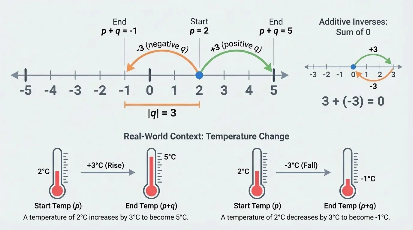 Number line with points labeled -5 to 5, starting at 2, arrows showing movement 3 units right for plus 3 and 3 units left for minus 3 from the same starting point