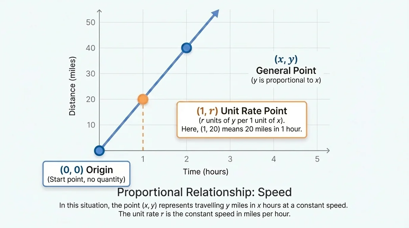 Proportional line on a coordinate plane with x equals 1 marked by a vertical guide line and the point at x equals 1 highlighted as the unit-rate point on the line