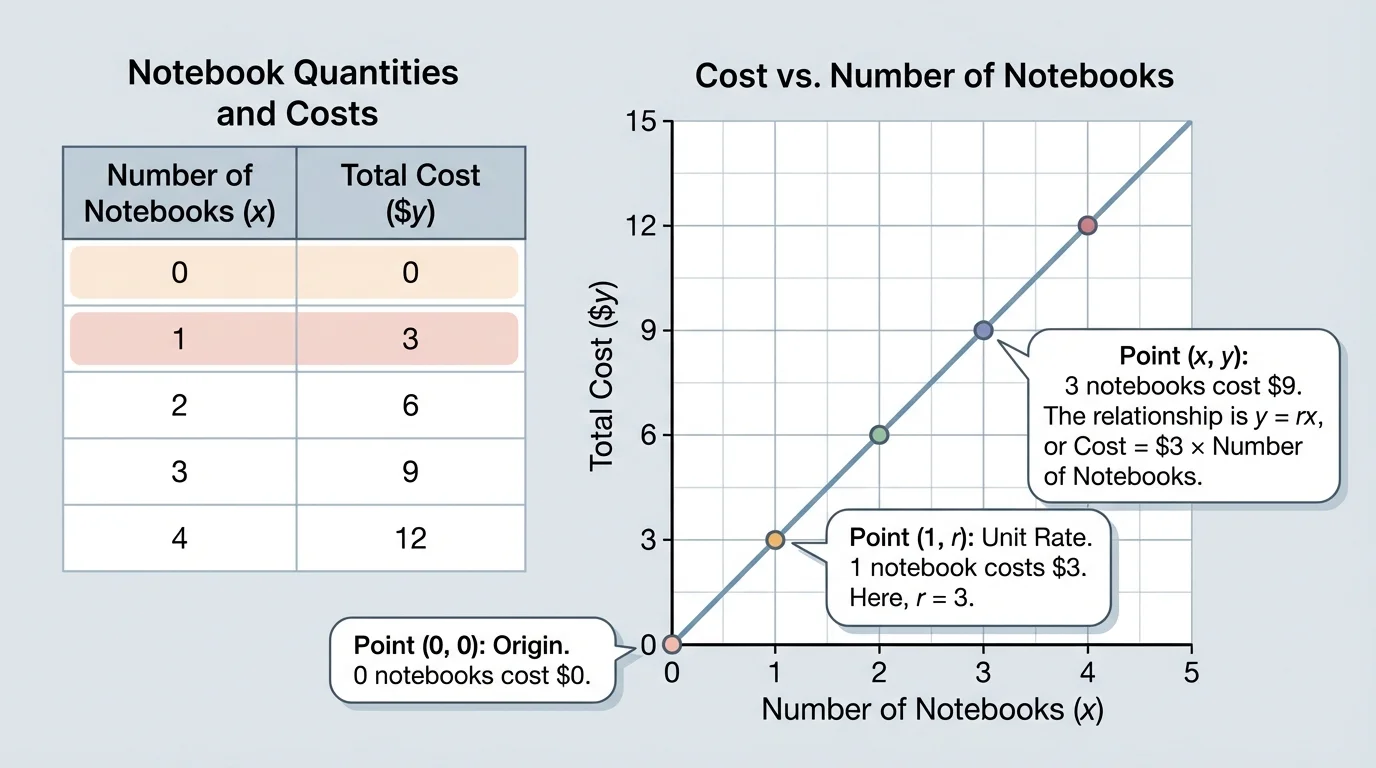 Small table of notebook quantities and costs beside a matching proportional graph of cost versus number of notebooks, showing corresponding plotted points