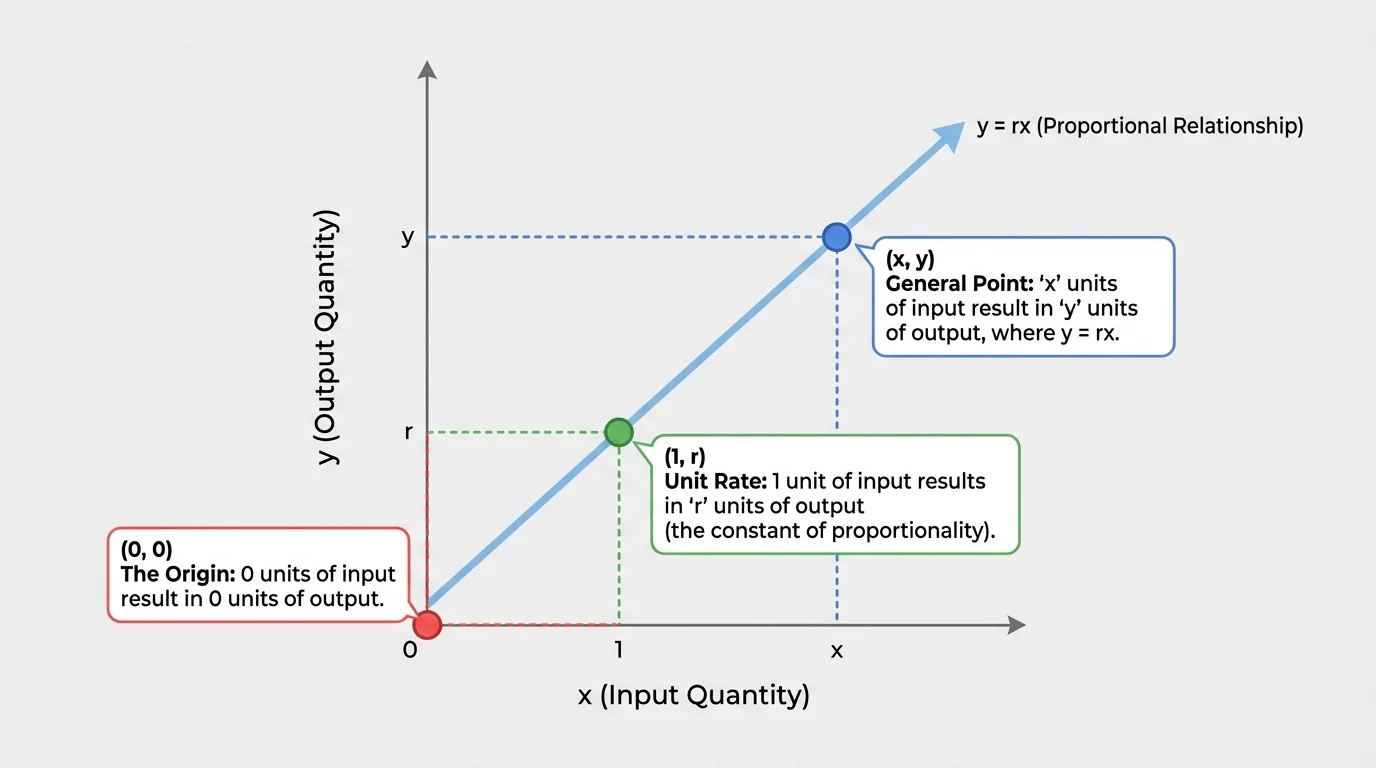 Coordinate plane showing a straight proportional line through the origin with highlighted points at the origin, at x equals 1 on the line, and another point farther along the line, with axes labeled generically x and y