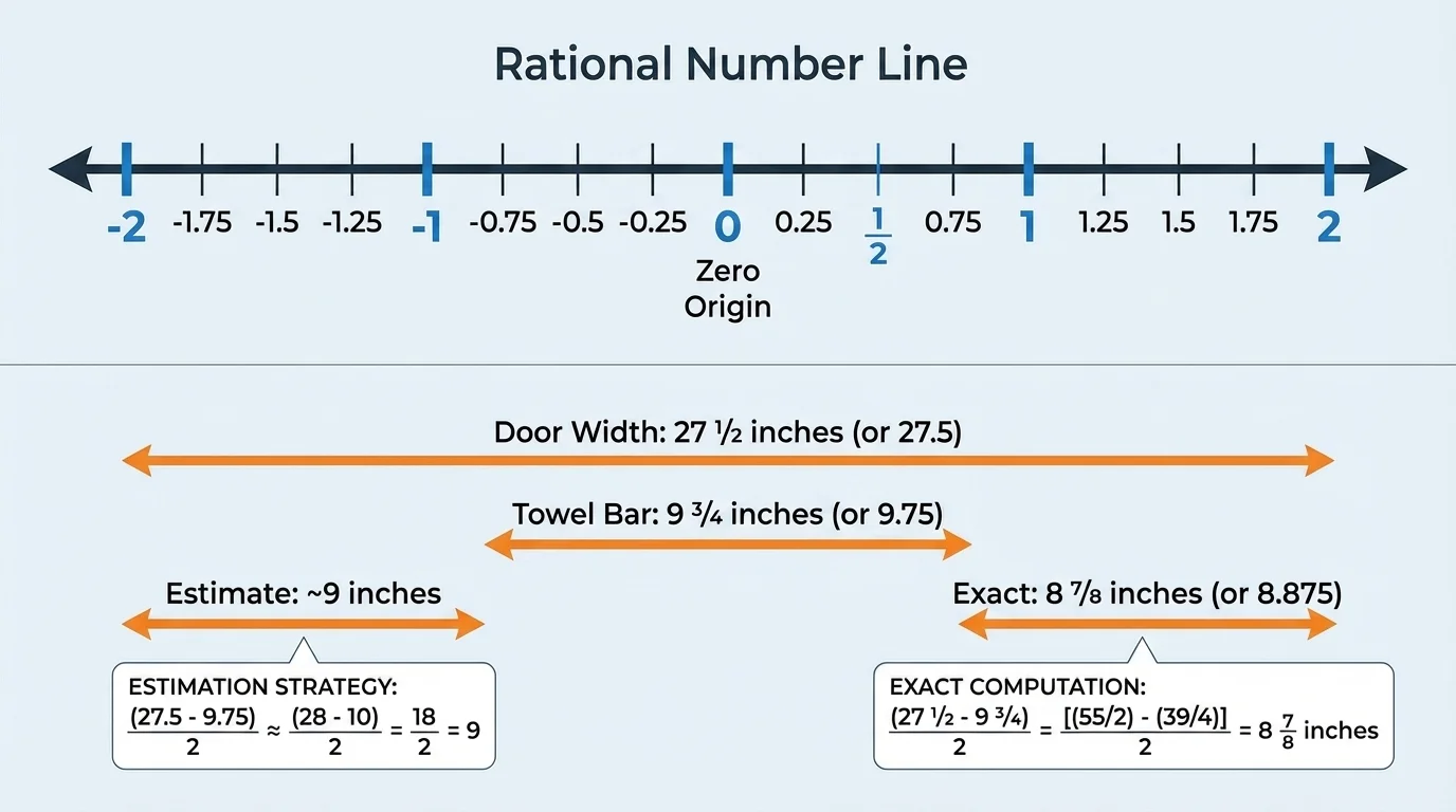 Number line showing negative and positive decimals and fractions with benchmark points such as -2, -1, 0, 1/2, 1, and 2 for estimation