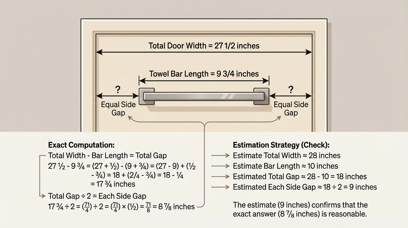 Door diagram with total width labeled 27 1/2 inches, towel bar labeled 9 3/4 inches, and equal side gaps marked