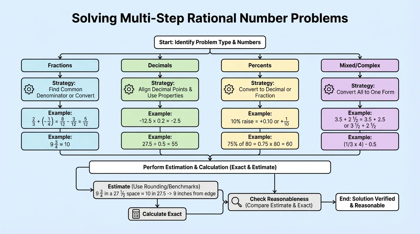 Flowchart showing how to choose a strategy for a multi-step rational-number problem based on whether numbers are fractions, decimals, percents, or need estimation