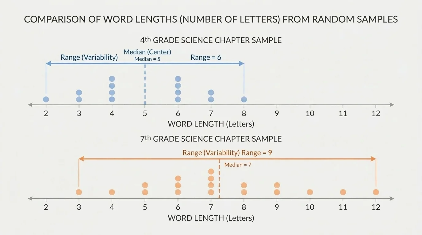graph with two horizontal dot plots comparing word lengths from a fourth-grade and seventh-grade science chapter