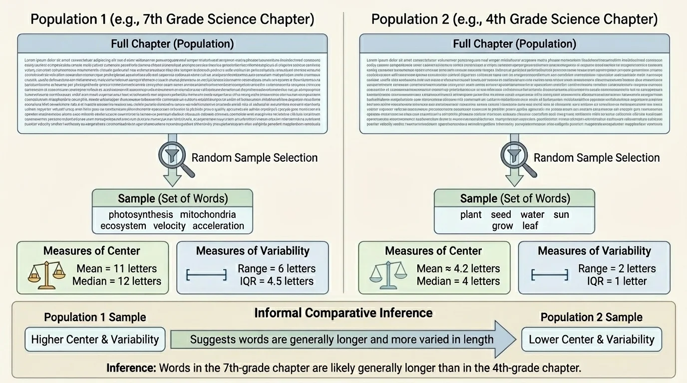 chart showing a full book chapter as a population and a smaller randomly selected set of words as the sample