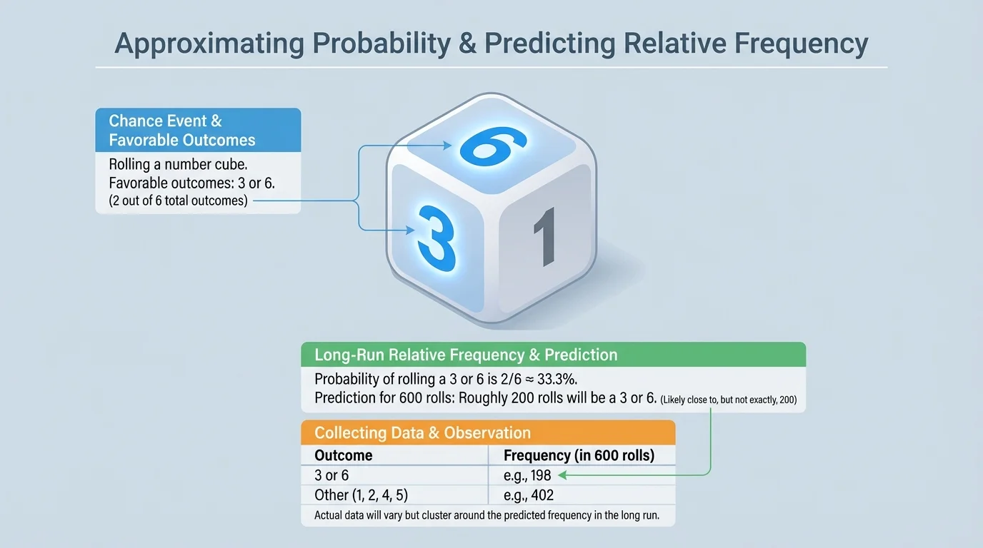 six-sided number cube labeled 1 through 6 with faces 3 and 6 highlighted to represent 2 favorable outcomes out of 6 total