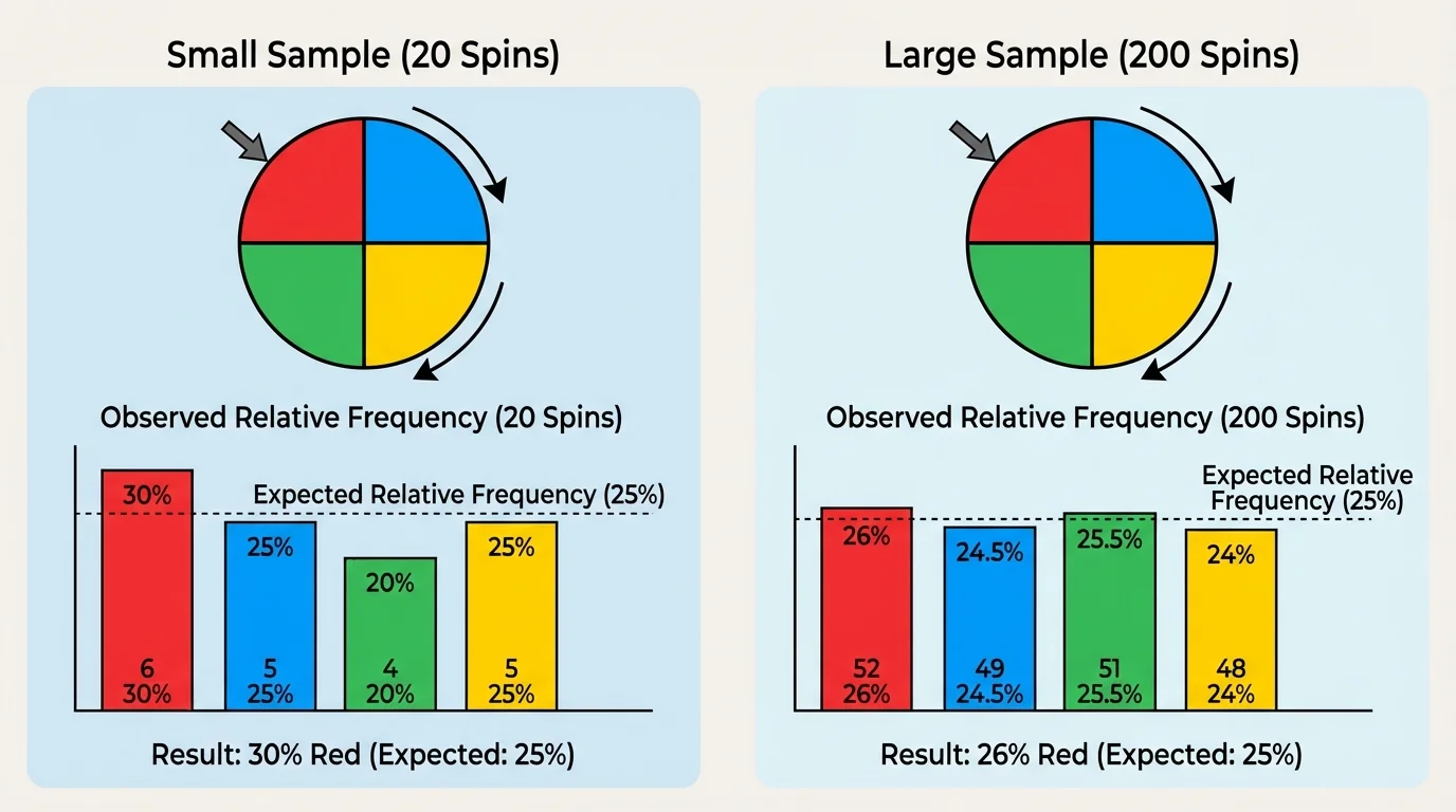side-by-side comparison chart of spinner results for 20 spins and 200 spins, showing the larger sample closer to the expected one-fourth red outcome
