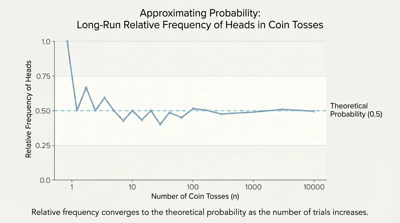 line graph of relative frequency of heads over increasing coin tosses, starting with big fluctuations and gradually leveling near one-half